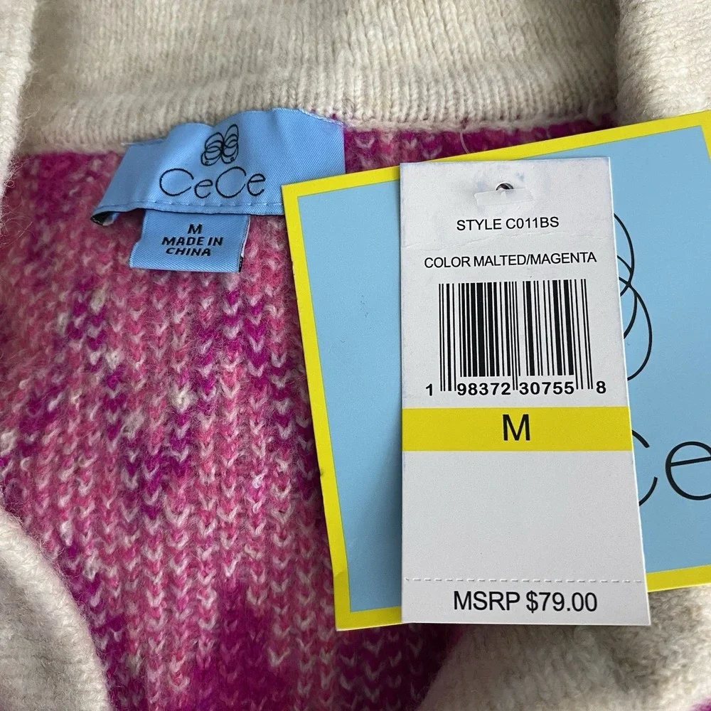CeCe Women's Medium Collared‎ Fair Isle Sweater Beige/Magenta Long Flare Sleeve